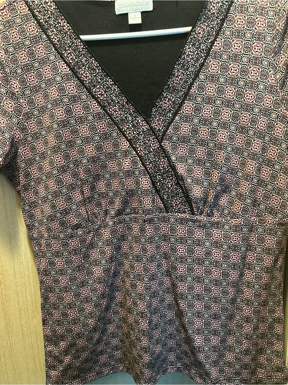 Charter Club Pink and Black Geometric V-Neck Top